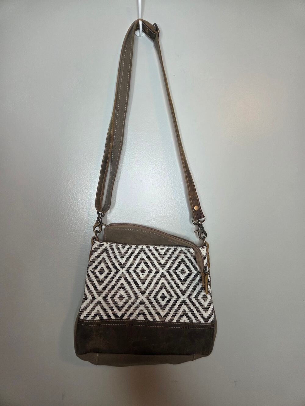 Myra Up Cycled Crossbody Bag Leather and Canvas Adjustable Strap